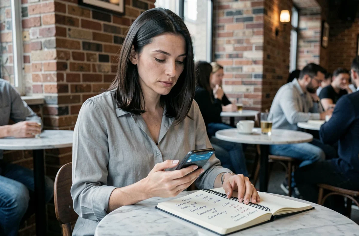 Femme analysant le coût d'un abonnement ChatGPT selon les pays sur smartphone dans un café urbain