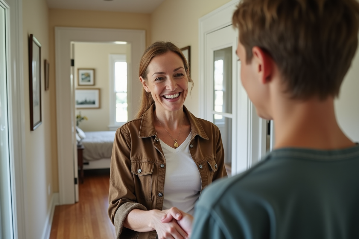 Femme accueillante serre la main d'un invité dans un couloir