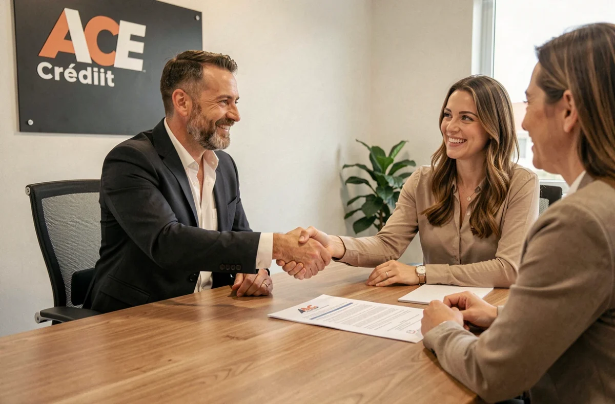 Conseiller du réseau de franchises ACE Crédit finalisant un accord de financement immobilier avec des clients en Bretagne