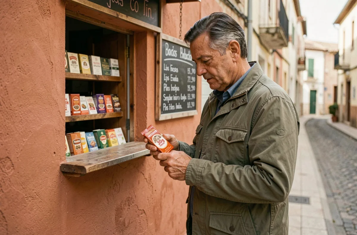 Frontalier examinant un paquet de tabac à rouler 30g dans un bureau de tabac espagnol près de la frontière