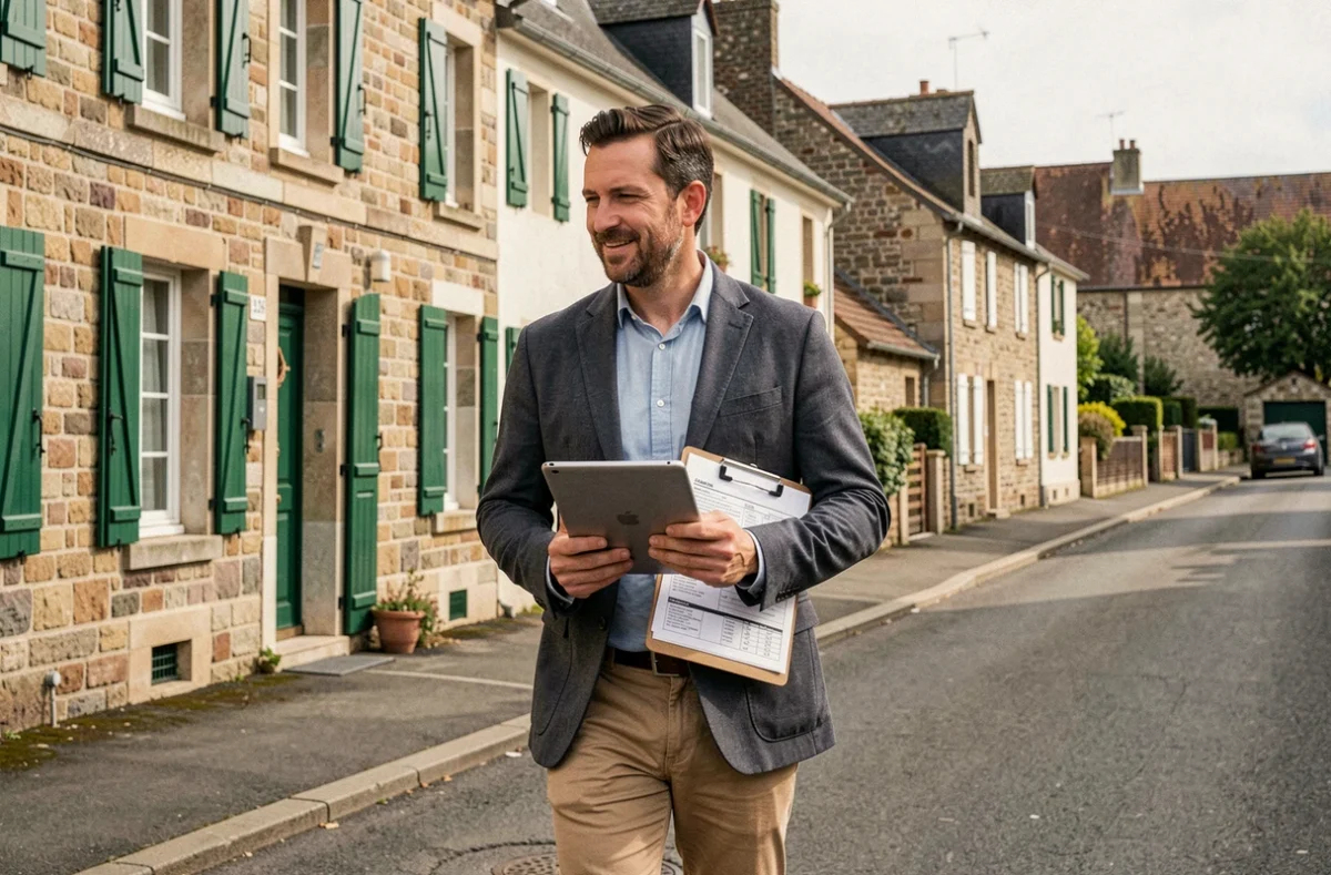 Conseiller d'Alliance Habitat évaluant des biens résidentiels locatifs dans un quartier typique d'Angers