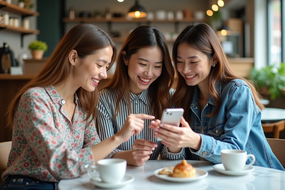 Groupe d'amies participant à une cagnotte de cadeau de mariage depuis un smartphone dans un café