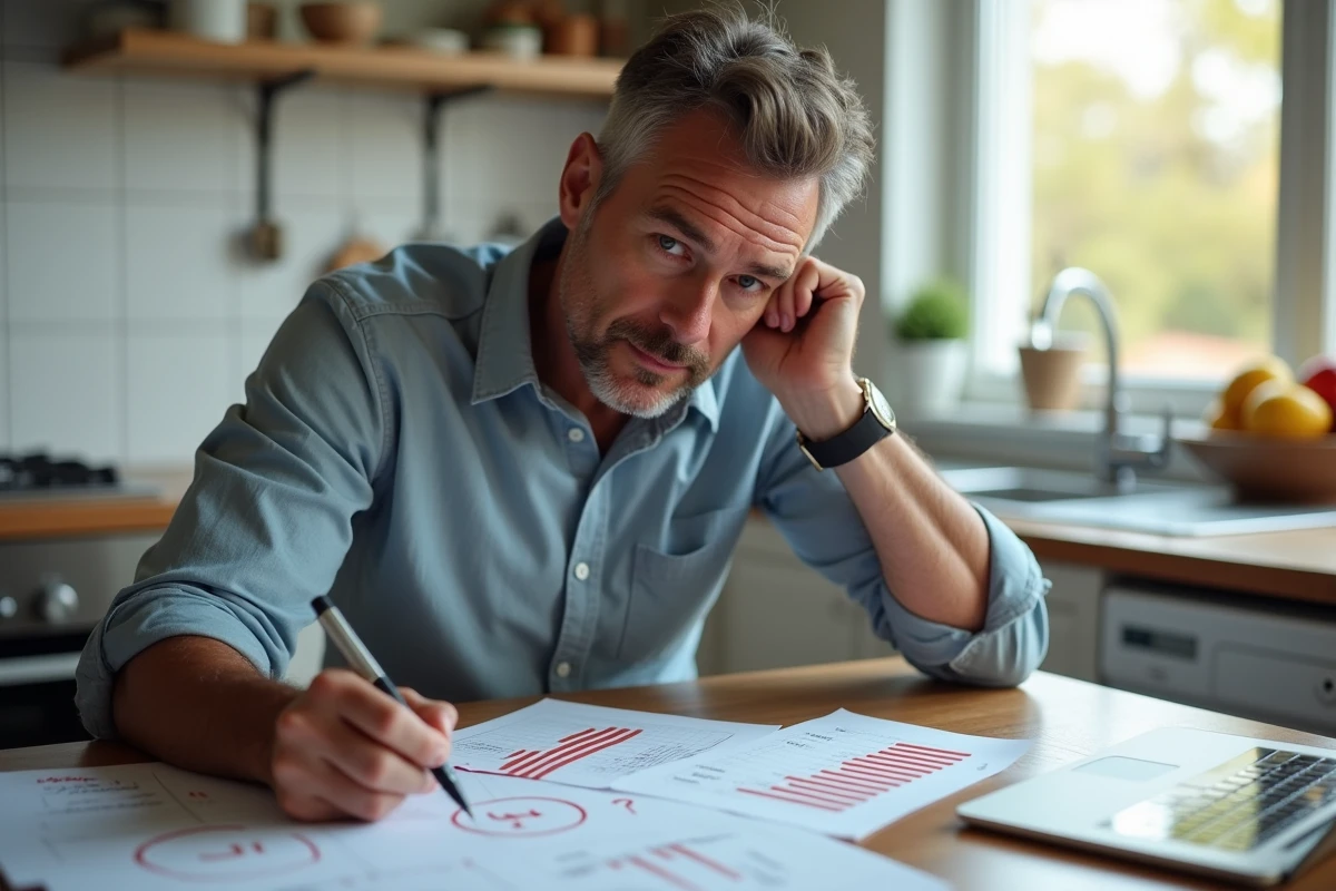Homme concentré analysant des notes manuscrites et des graphiques en baisse sur tablette pour éviter les erreurs en bourse sur GTA 5
