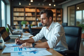 Analyste financier examinant des rapports sur la fortune de GMK dans un bureau moderne