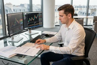 Analyste financier en Île-de-France examinant des indicateurs financiers FRCI sur des rapports imprimés et des écrans de tableau de bord