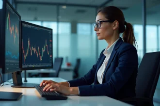 Analyste financière étudiant des stratégies d'entrée et de sortie sur un graphique boursier avec des indicateurs SAF sur écrans de trading