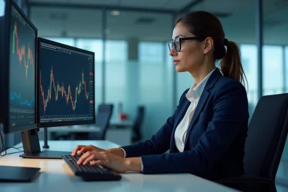 Analyste financière étudiant des stratégies d'entrée et de sortie sur un graphique boursier avec des indicateurs SAF sur écrans de trading