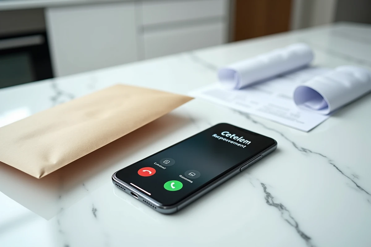 Smartphone affichant un appel entrant de Cetelem recouvrement posé sur un comptoir avec des documents financiers