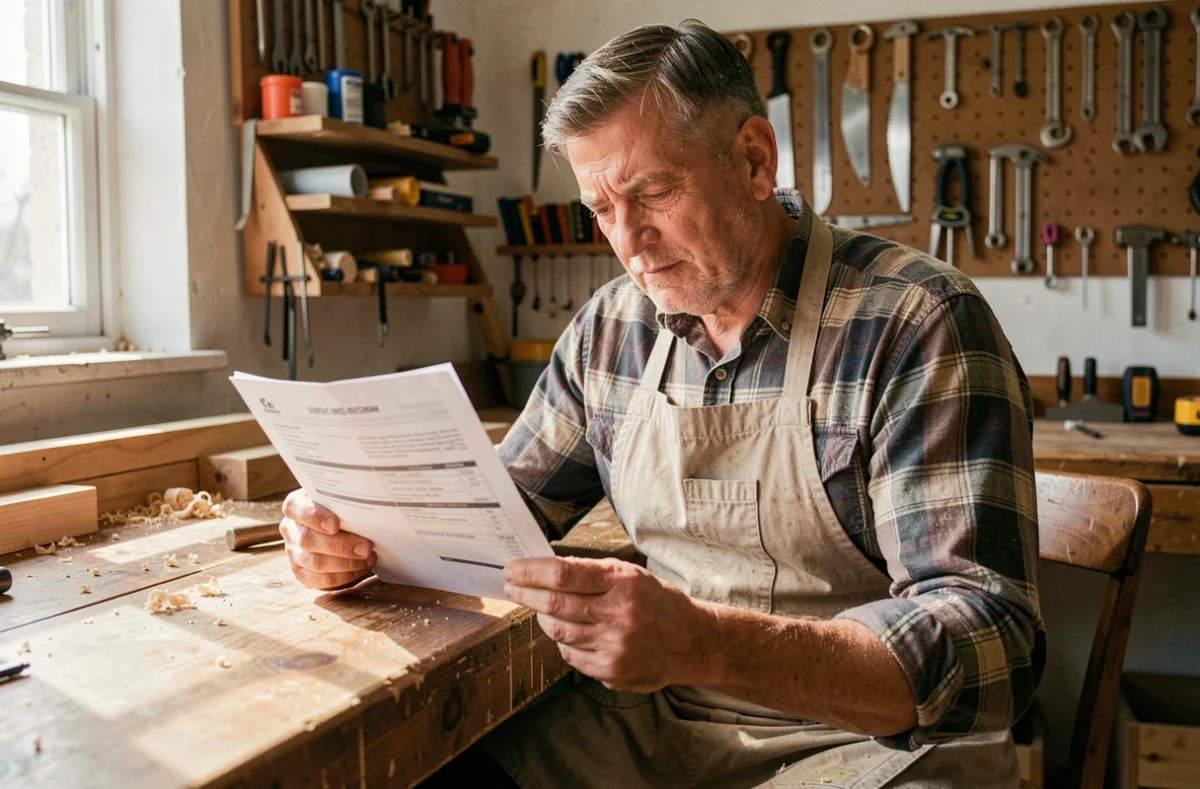 Artisan indépendant lisant attentivement un contrat d'assurance professionnelle dans son atelier