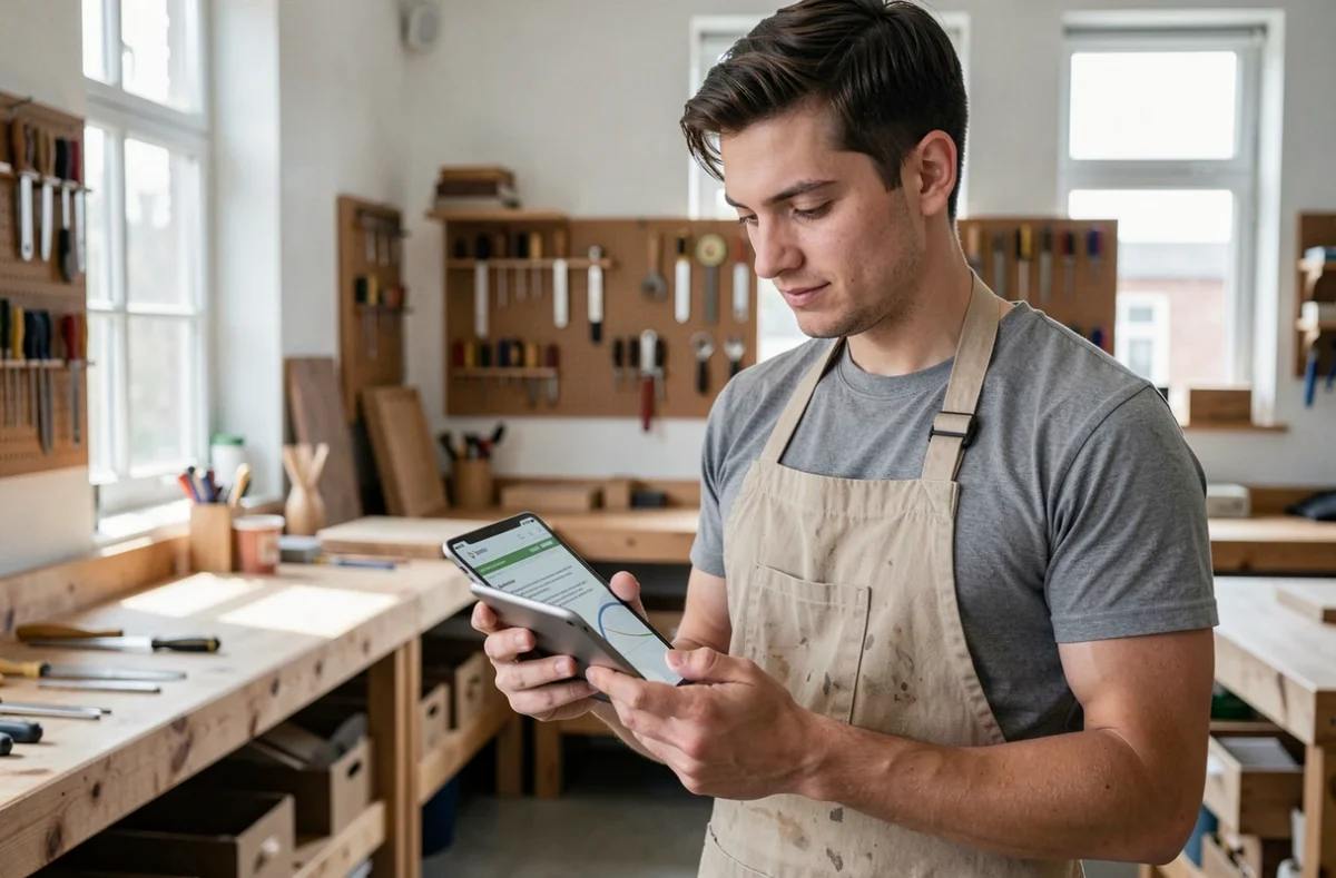 Artisan indépendant consultant un devis d'assurance professionnelle sur tablette dans son atelier