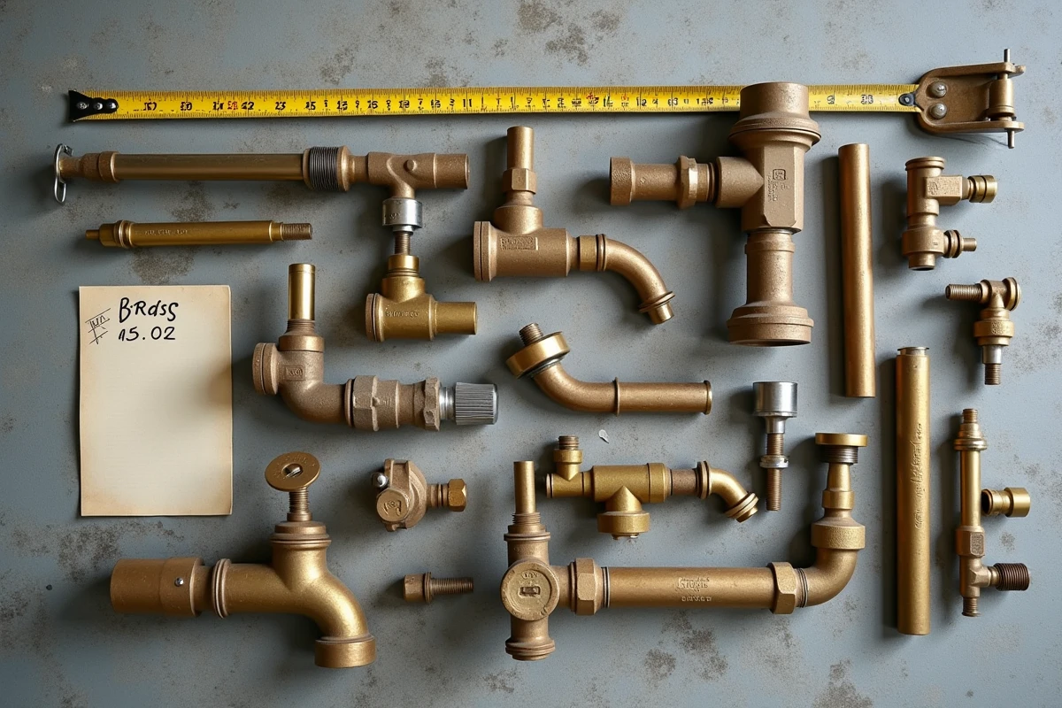 Assortiment de robinets et pièces en laiton triés sur un sol en béton avant une vente chez le ferrailleur
