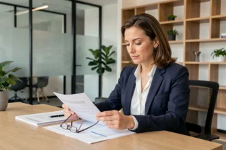 Professionnelle en blazer marine consultant des documents d'assurance professionnelle sur son bureau