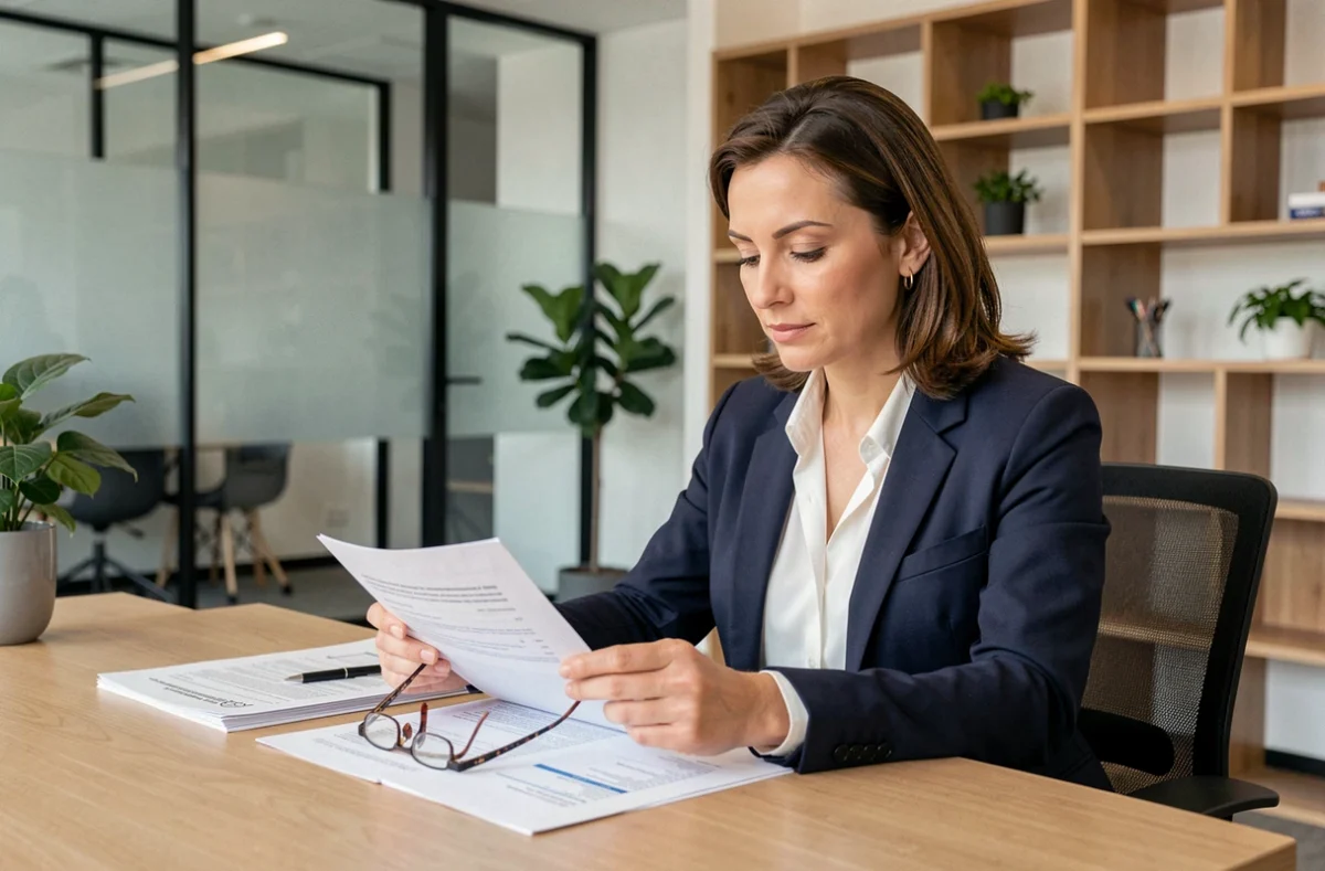 Professionnelle en blazer marine consultant des documents d'assurance professionnelle sur son bureau