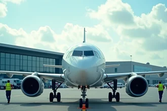 Avion Airbus A320 sur un tarmac d'aéroport avec des techniciens en gilets fluorescents lors d'une inspection pré-vol