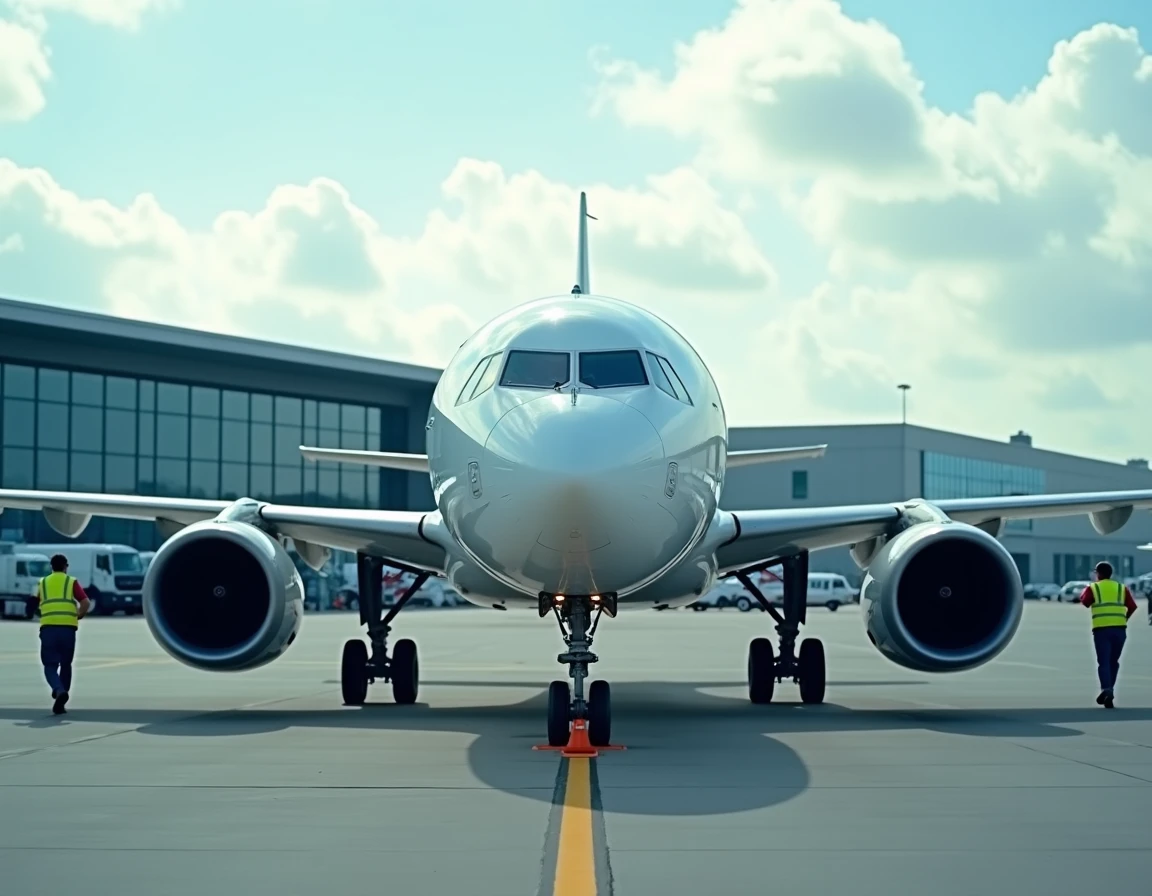 Avion Airbus A320 sur un tarmac d'aéroport avec des techniciens en gilets fluorescents lors d'une inspection pré-vol