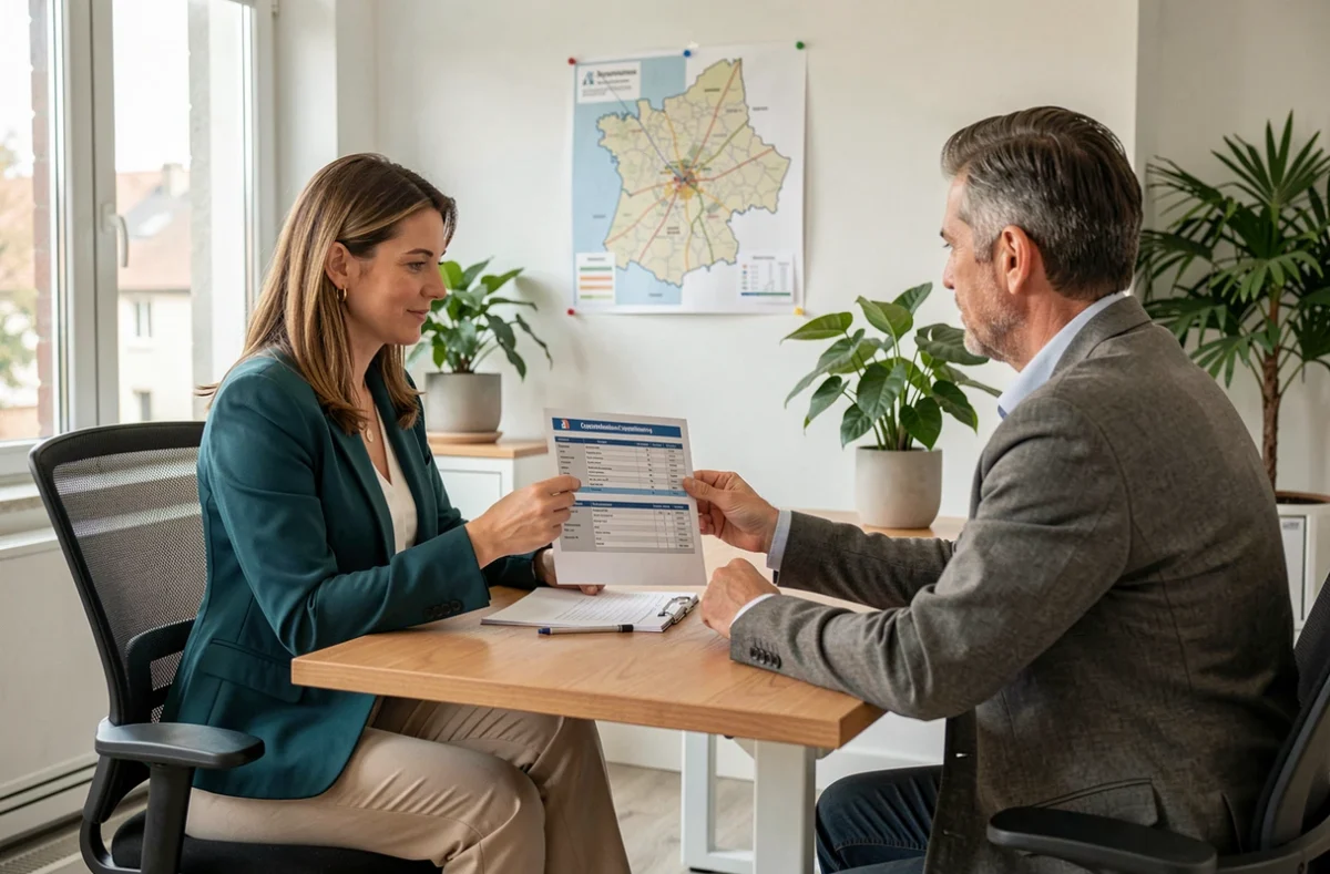 Conseillère d'Axion Patrimoine à Bourges présentant un plan de défiscalisation à un client dans un bureau contemporain