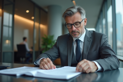 Homme d'affaires en costume gris dans une banque moderne