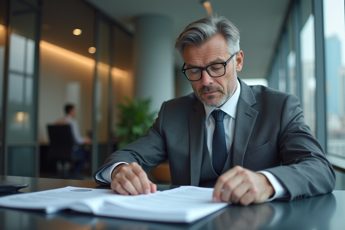 Homme d'affaires en costume gris dans une banque moderne