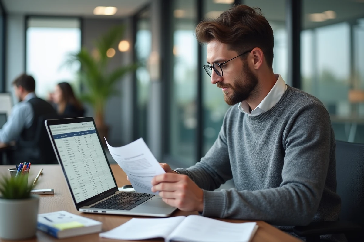 Comptable en bureau analysant le barème kilométrique fiscal 2026 sur ordinateur et documents imprimés