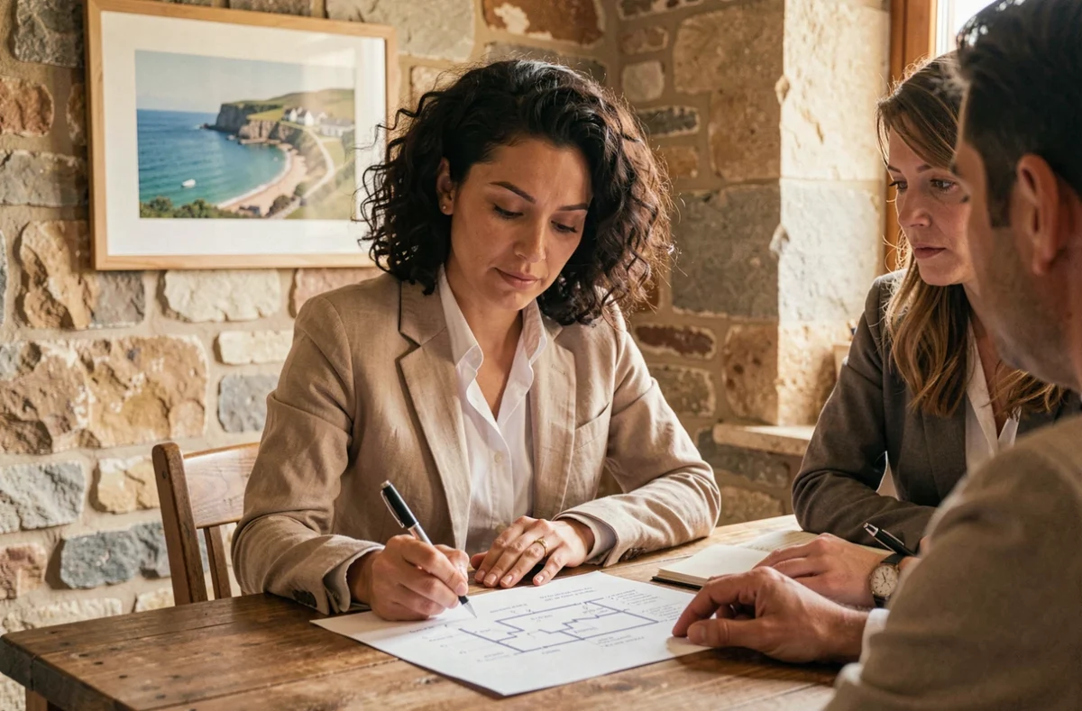 Conseillère en financement immobilier breton de Barraine Immobilier annotant un plan de financement pour ses clients