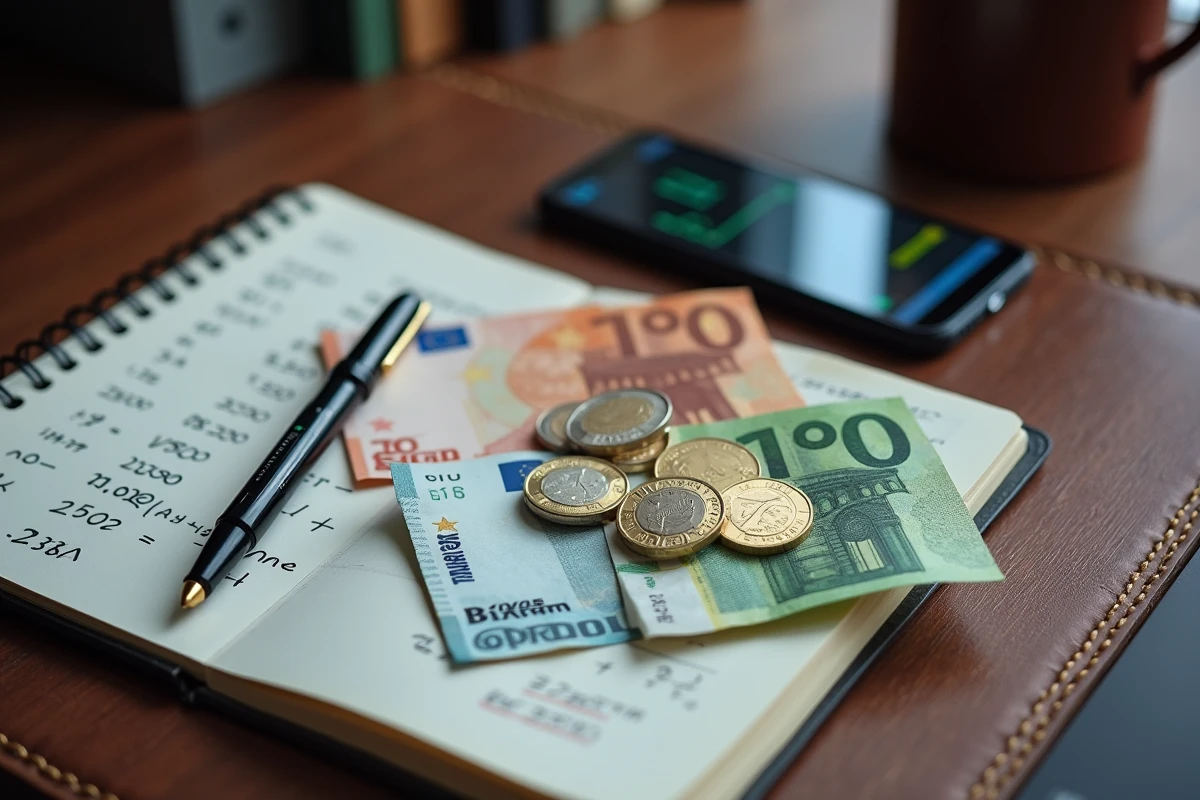 Billets d'euros et dirhams marocains posés sur un bureau avec calculs de taux de change manuscrits