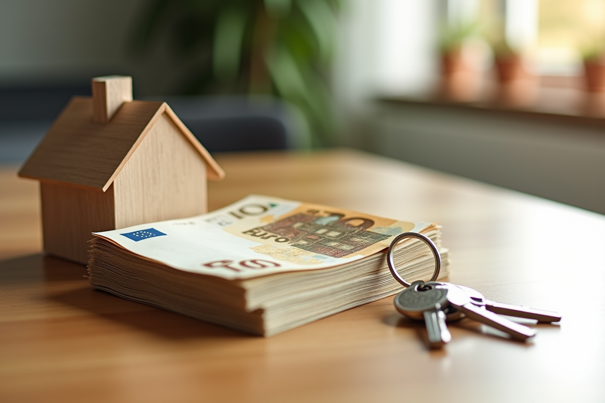 Fiche de billets de 100 euros avec une maison miniature et des clés sur une table