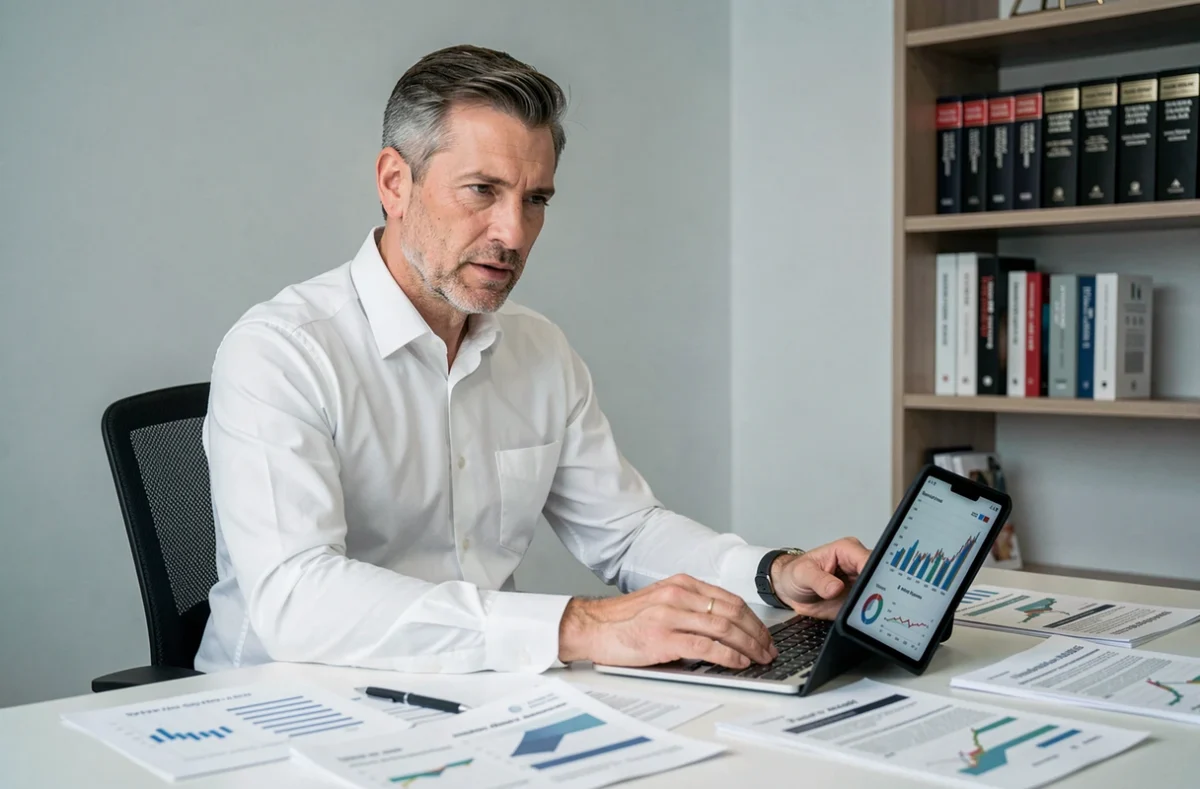 Conseiller financier de BP Finance étudiant des projections de rendement locatif sur tablette et documents financiers