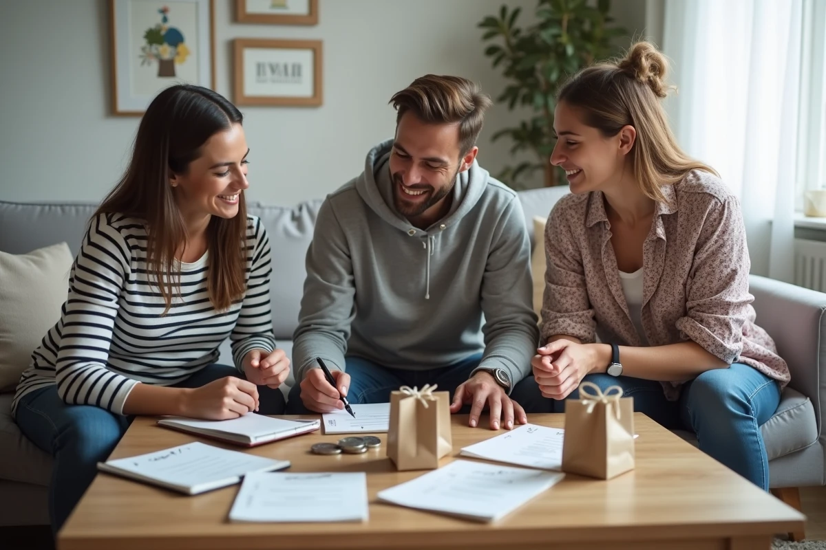 Groupe d'amis adultes planifiant ensemble les budgets cadeaux autour d'une table basse avec billets et listes manuscrites
