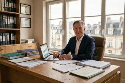 Conseiller en défiscalisation dans un bureau professionnel en Centre-Val de Loire, entouré de dossiers fiscaux et patrimoniaux