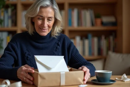 Femme glissant une enveloppe d'argent dans un paquet cadeau sur une table en bois, atmosphère chaleureuse de maison familiale