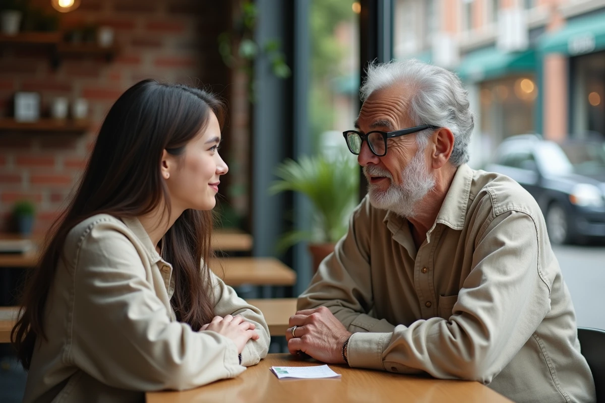 Grand-père offrant un billet de banque et une carte écrite à la main à une jeune femme dans un café, scène intergénérationnelle authentique