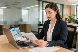 Cadre en entreprise analysant sa fiche de salaire et conversion brut net 2026 sur son bureau