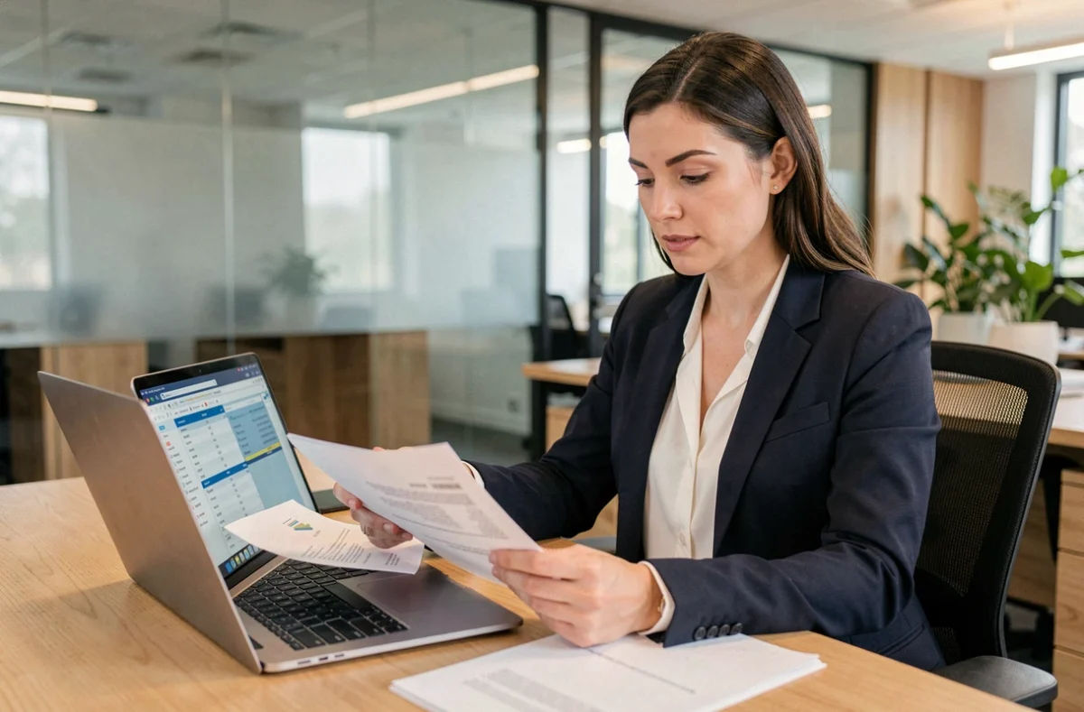 Cadre en entreprise analysant sa fiche de salaire et conversion brut net 2026 sur son bureau