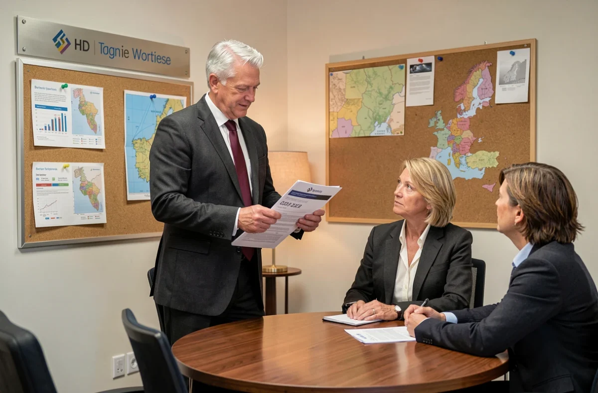 Conseiller CAFPI présentant les barèmes régionaux Bretagne à des clients dans une salle de réunion professionnelle