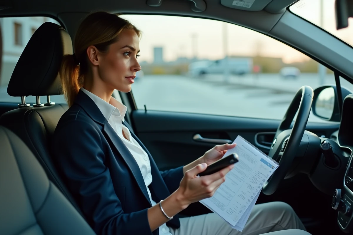 Femme consultant ses documents fiscaux et son smartphone pour calculer ses frais kilométriques dans sa voiture