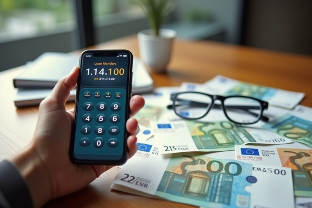 Main tenant un smartphone avec calculateur de prêt euro sur bureau en bois