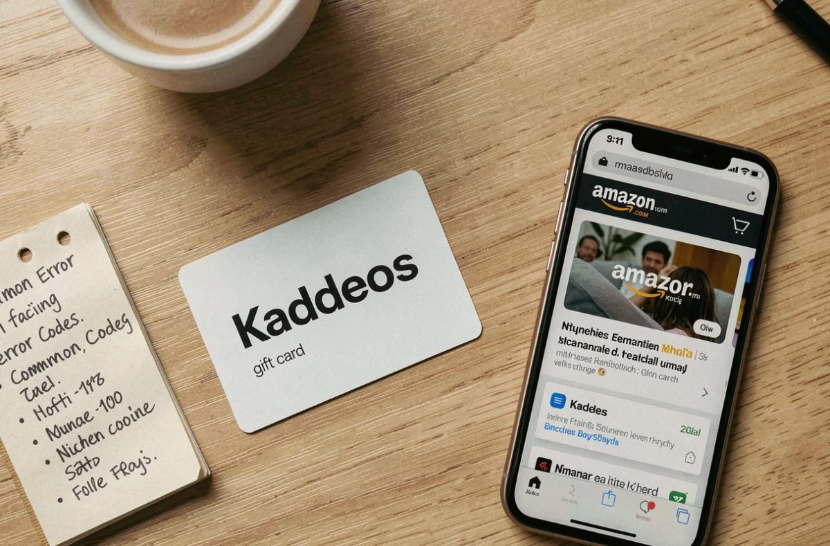 Vue aérienne d'une carte Kadeos Infini posée sur un bureau avec un smartphone affichant Amazon et un bloc-notes d'erreurs