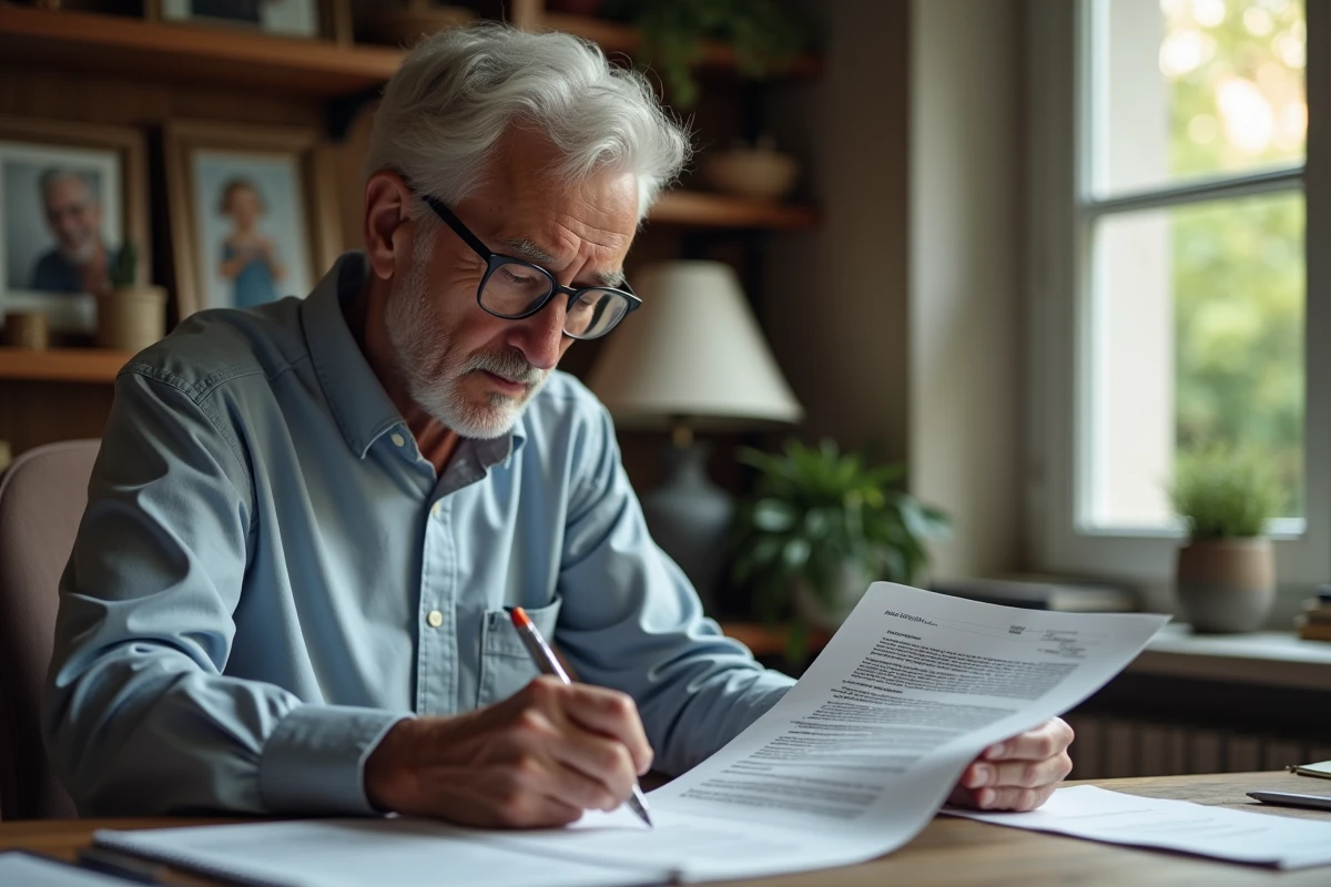 Senior consultant un rapport notarial de succession à son bureau à domicile pour planifier sa gestion de patrimoine