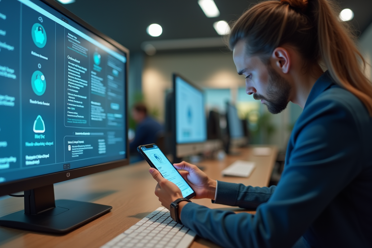 Client verifiant un code de securite sur son smartphone en bureau