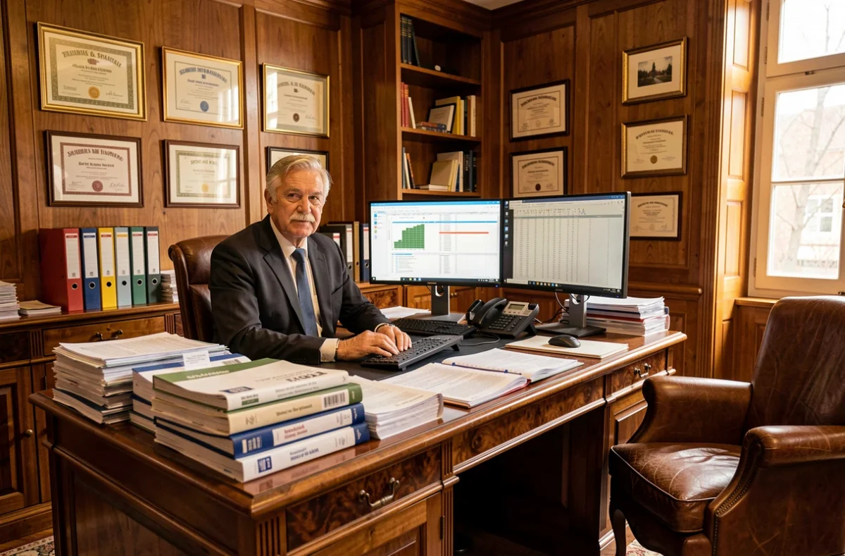Expert-comptable senior de Cogedis Gedea Expertises dans son bureau traditionnel entouré de dossiers fiscaux et comptables