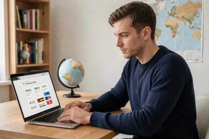 Homme comparant les prix d'abonnement ChatGPT par pays sur un ordinateur portable dans un bureau minimaliste