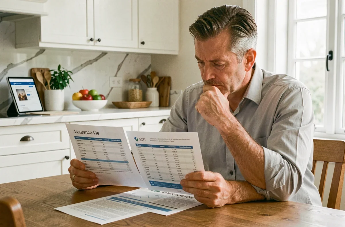 Homme comparant des brochures de SCPI et d'assurance-vie à la table de sa cuisine