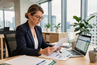 Conseillère financière analysant des documents de comparatif SCPI en assurance-vie dans un bureau moderne