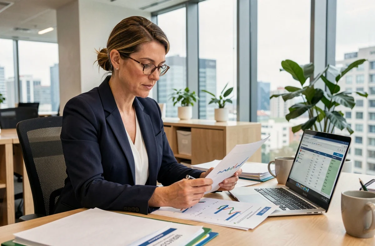 Conseillère financière analysant des documents de comparatif SCPI en assurance-vie dans un bureau moderne