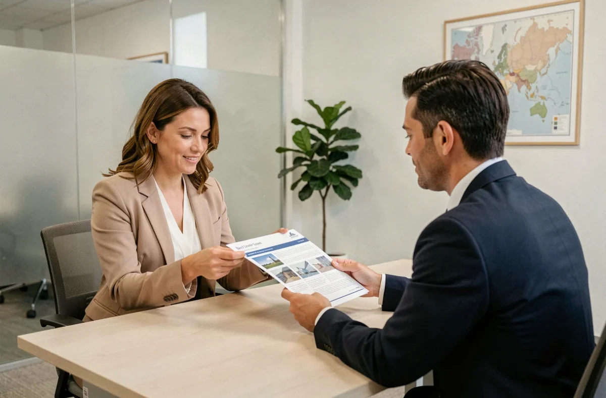 Femme consultant un conseiller financier pour un investissement en SCPI immobilière dans une agence bancaire moderne