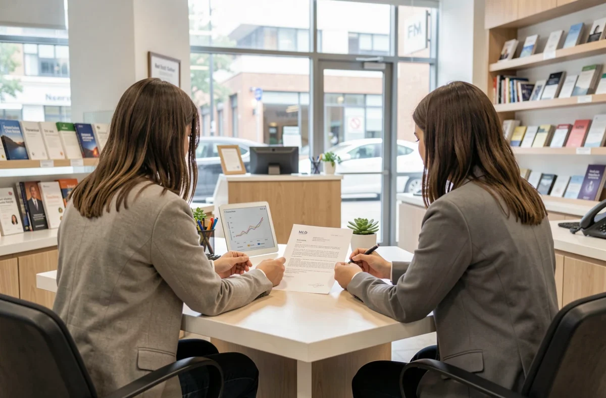 Conseiller bancaire et client examinant ensemble un contrat