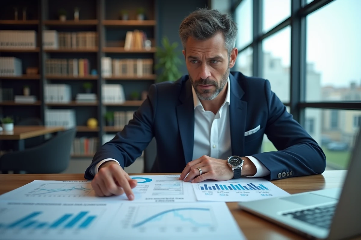 Conseiller financier analysant les rendements SCPI sur des documents imprimés dans un bureau professionnel moderne