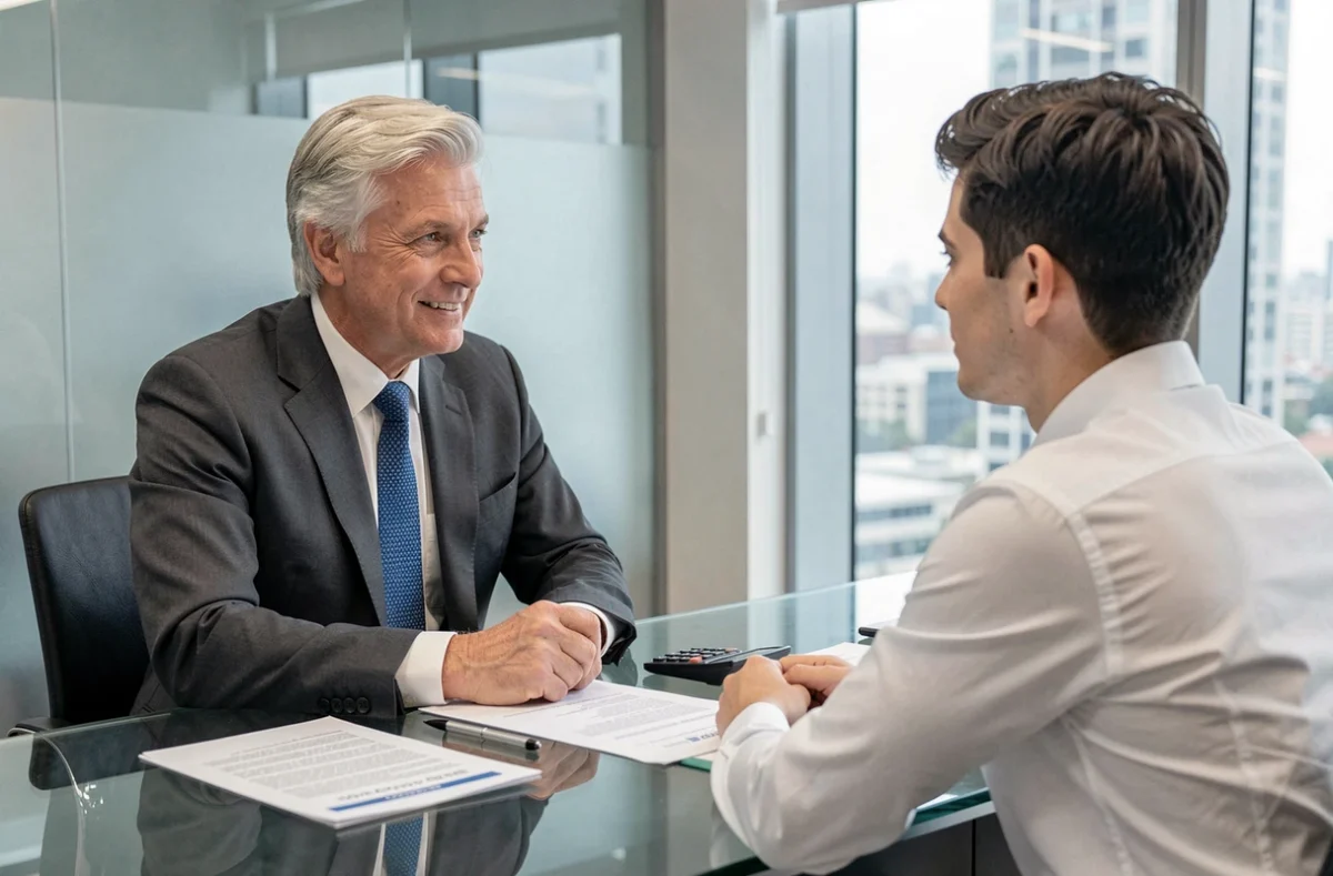 Conseiller financier présentant un contrat de changement d'assurance emprunteur à un client