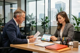 Conseiller financier et client examinant un contrat d'assurance vie avec supports SCPI dans un bureau moderne