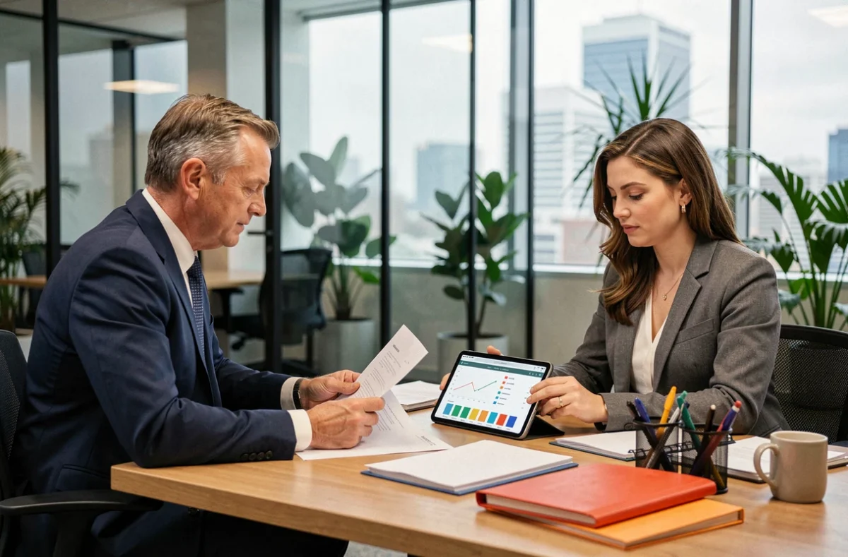 Conseiller financier et client examinant un contrat d'assurance vie avec supports SCPI dans un bureau moderne